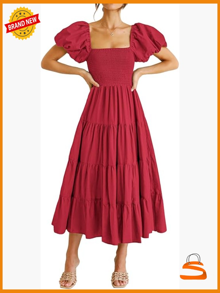 Smocked Midi Dress Puffy Short Sleeve Square Neck Tiered Ruffle